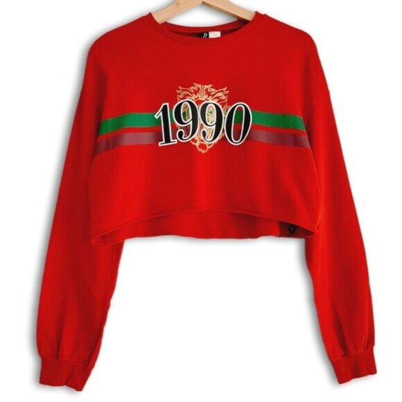 Divided by H&M | 1990 Gold Lion Print Crop Long Slv Crewneck Pullover Top Red M - Picture 1 of 16